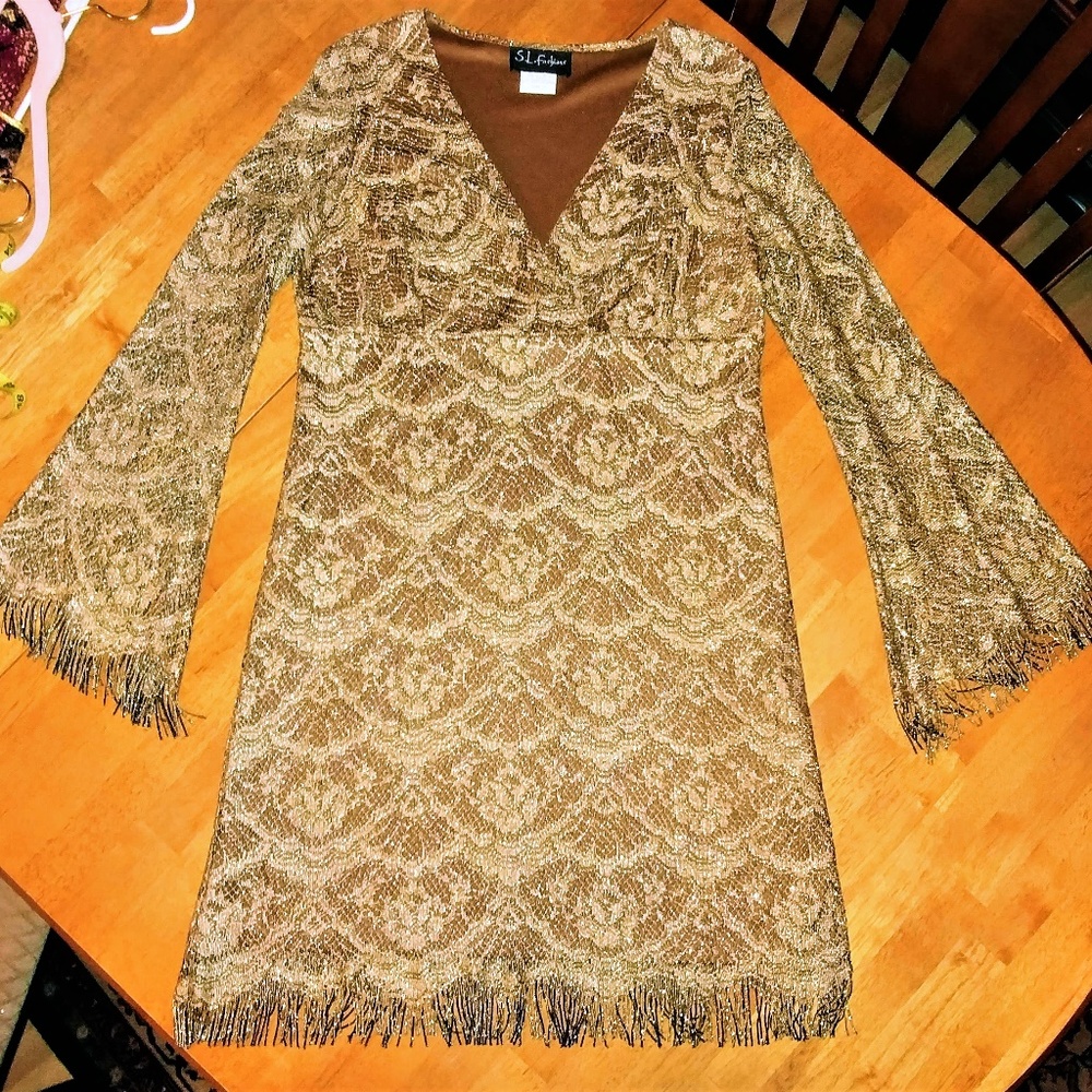 S.L. Fashions Gold Lace  Dress with Fringe sz 12